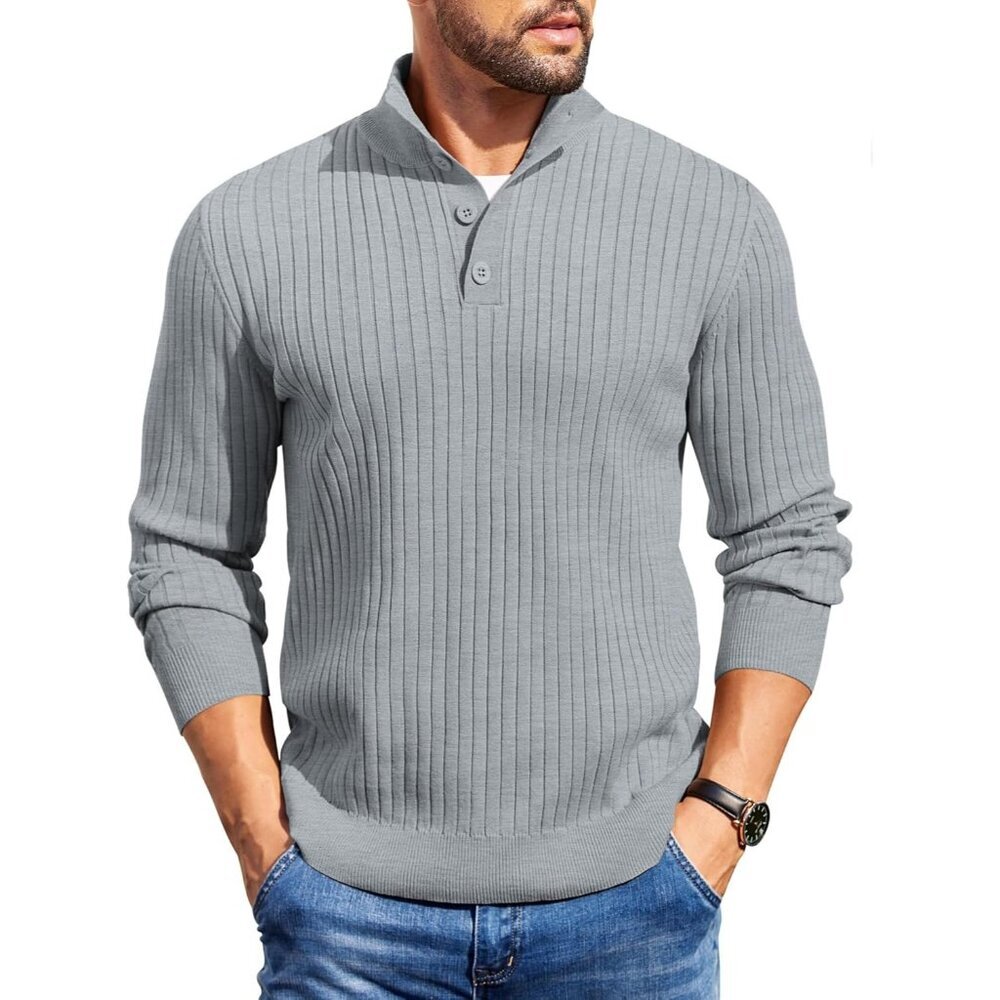 Men's Quarter Button Sweater Long Sleeve Stand Collar Sweater Knitted Light Grey